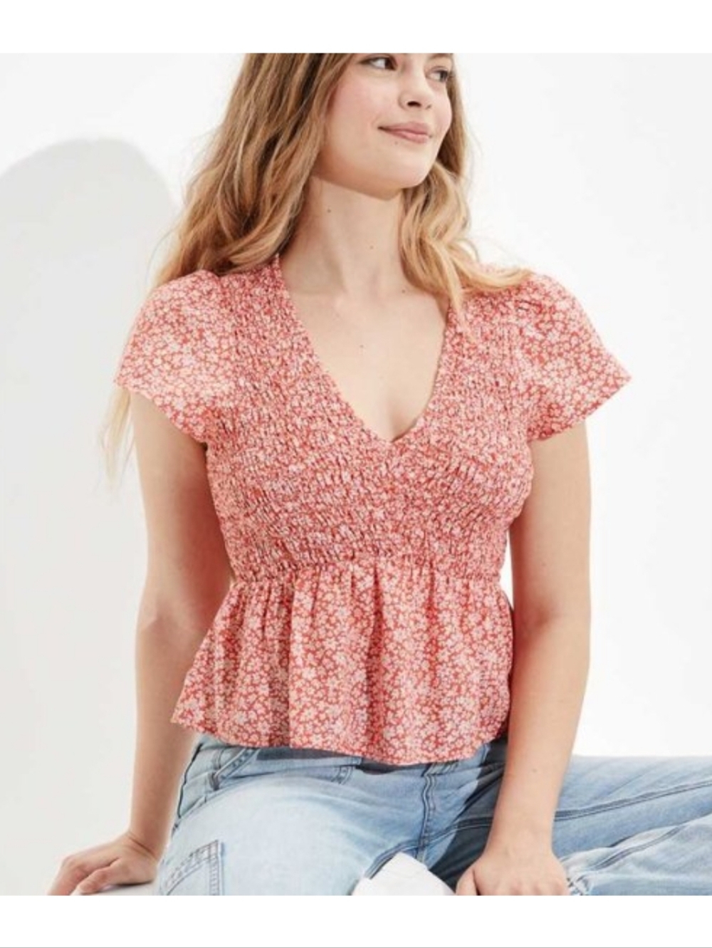 American Eagle Smocked Flutter Sleeve Coquette V Neck Blouse XS